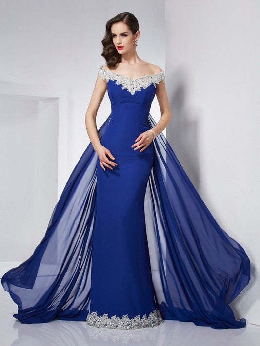 Off the Shoulder Sleeveless Applique Long Chiffon Dresses