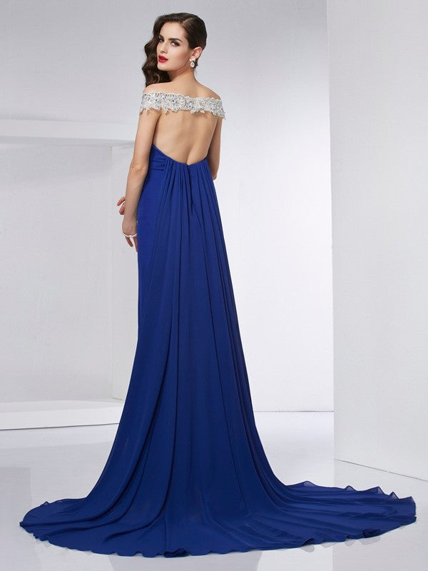 Off the Shoulder Sleeveless Applique Long Chiffon Dresses