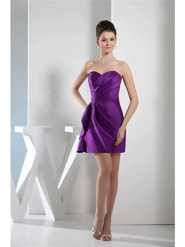 Minimalist Elegant Homecoming Cocktail Party Dress Sweetheart Neckline Sleeveless Short Mini Satin