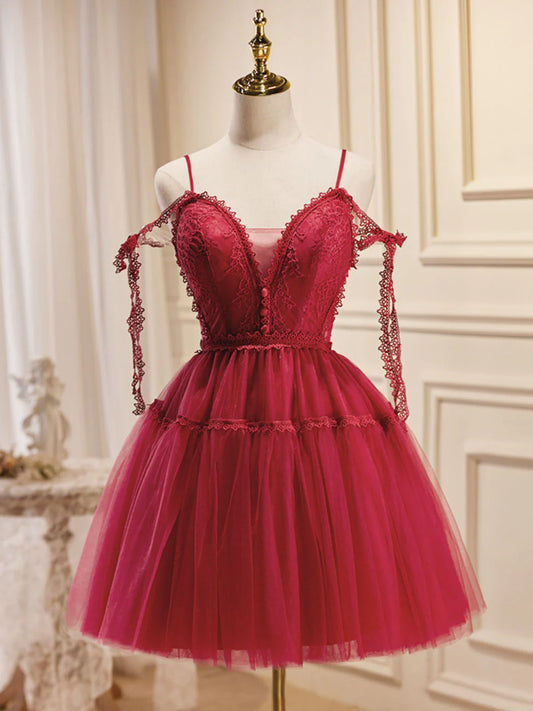 A-Line Burgundy Lace Short Homecoming Dresses