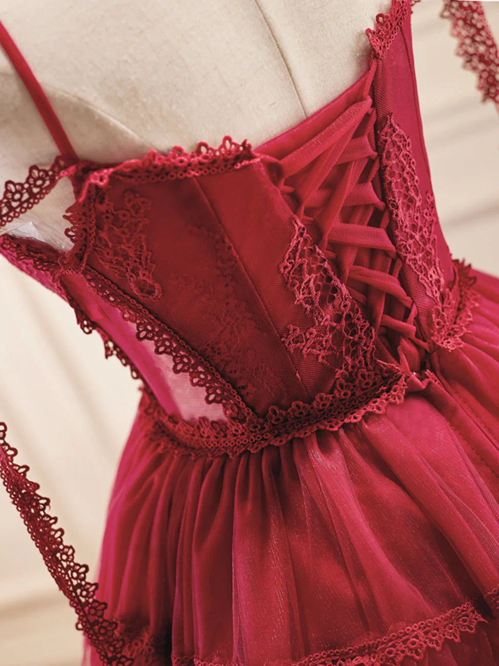 A-Line Burgundy Lace Short Homecoming Dresses