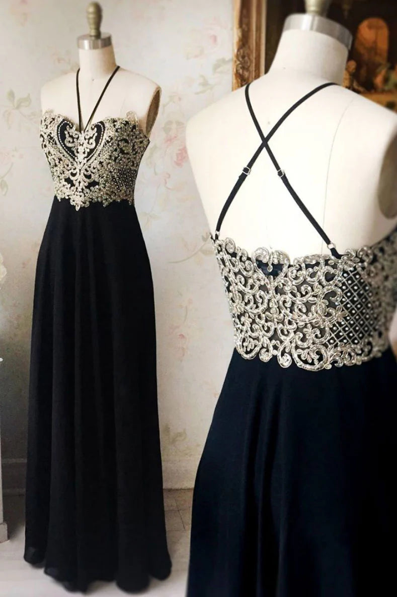 Black sweetheart lace applique long prom Wedding Dresses