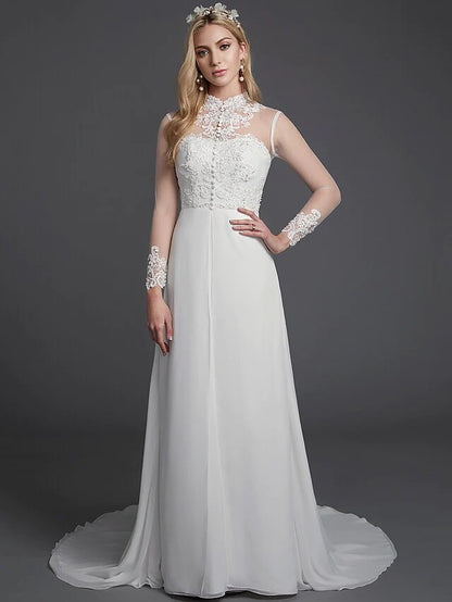 A-Line Wedding Dresses High Neck Court Train Chiffon Lace Long Sleeve Vintage Plus Size Backless with Lace Buttons