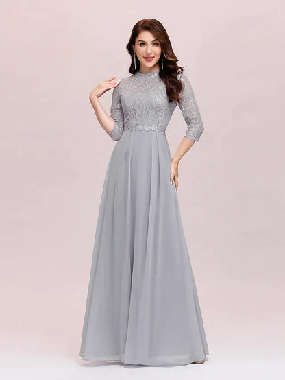 A-Line Mother of the Bride Dress Plus Size Elegant Jewel Neck Floor Length Chiffon Lace Length Sleeve with Lace