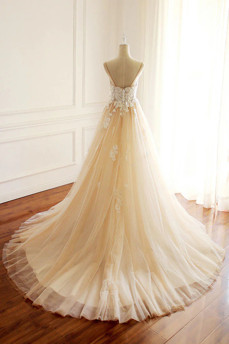 Champagne tulle lace applique long prom Wedding Dresses