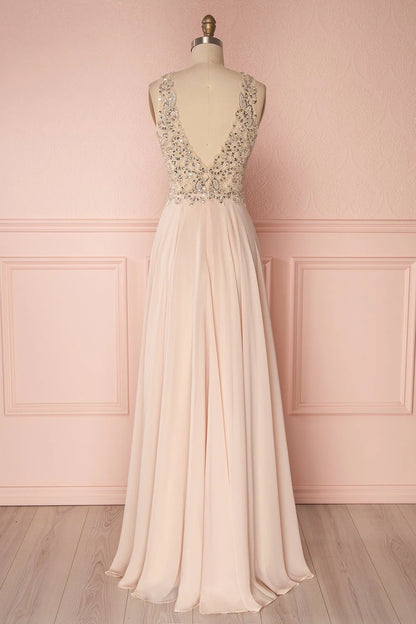 Pink v neck beads sequin long prom Wedding Dresses