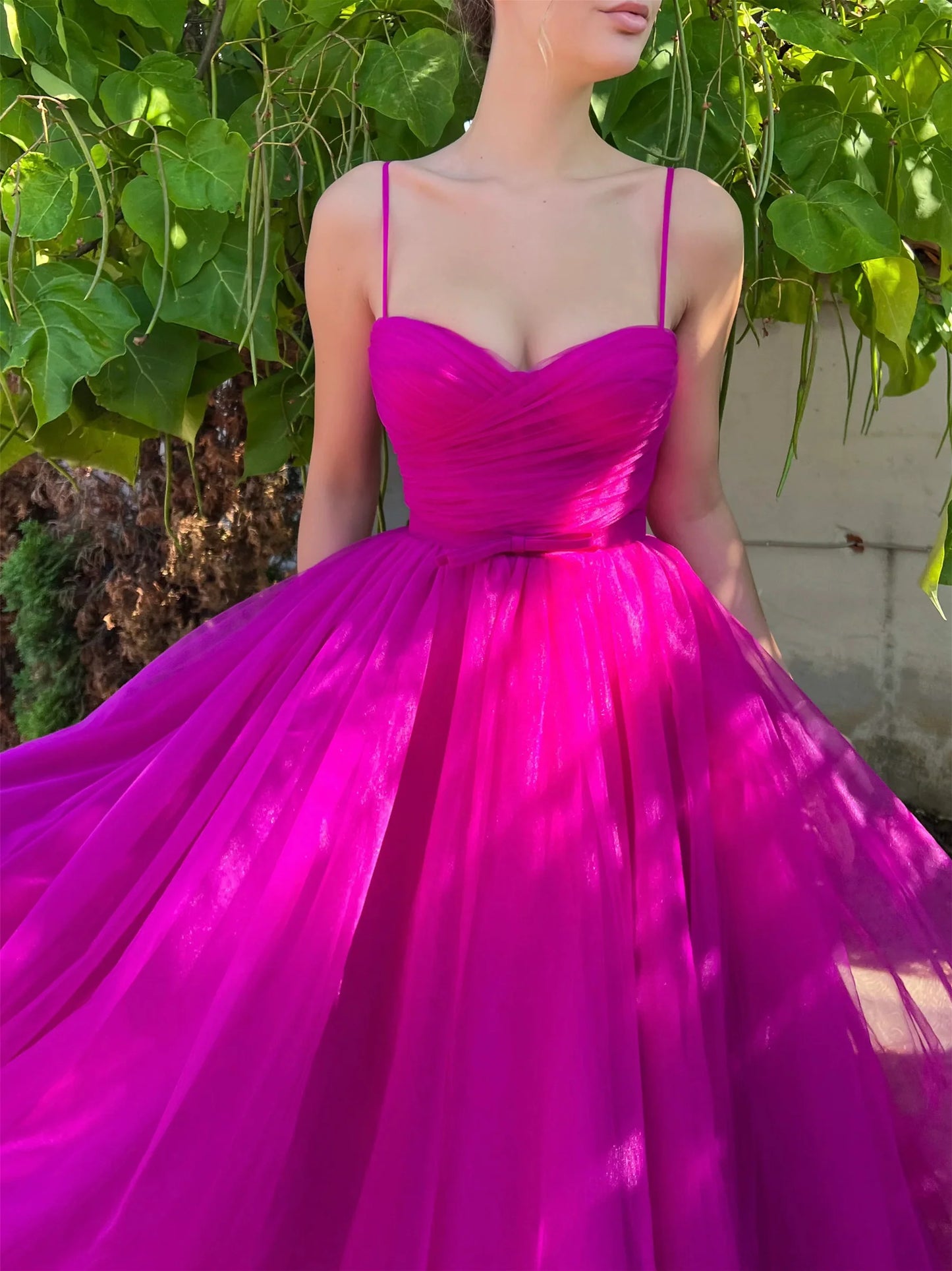 A-Line Spaghetti Straps Tea-Length Prom Dresses