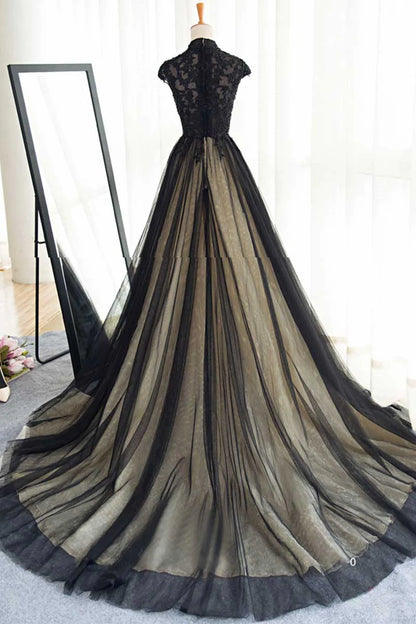 Black tulle lace long prom Wedding Dresses