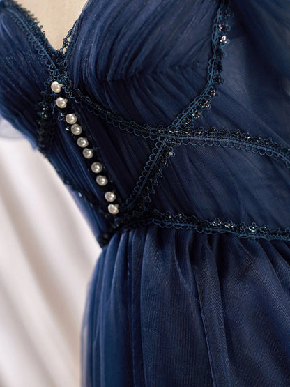 Dark Blue V Neck Tulle Short Homecoming Dresses