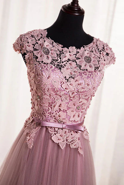 Pink round neck tulle lace applique long prom Wedding Dresses