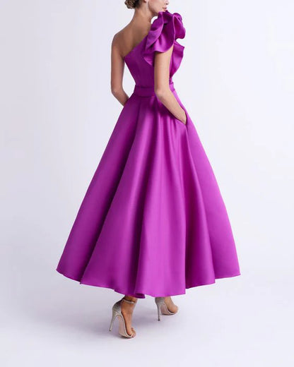 A-Line One-Shoulder Tea-Length Prom Dresses