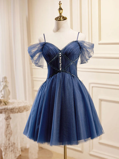 Dark Blue V Neck Tulle Short Homecoming Dresses