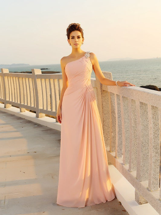 One-Shoulder Beading Sleeveless Long Chiffon Dresses