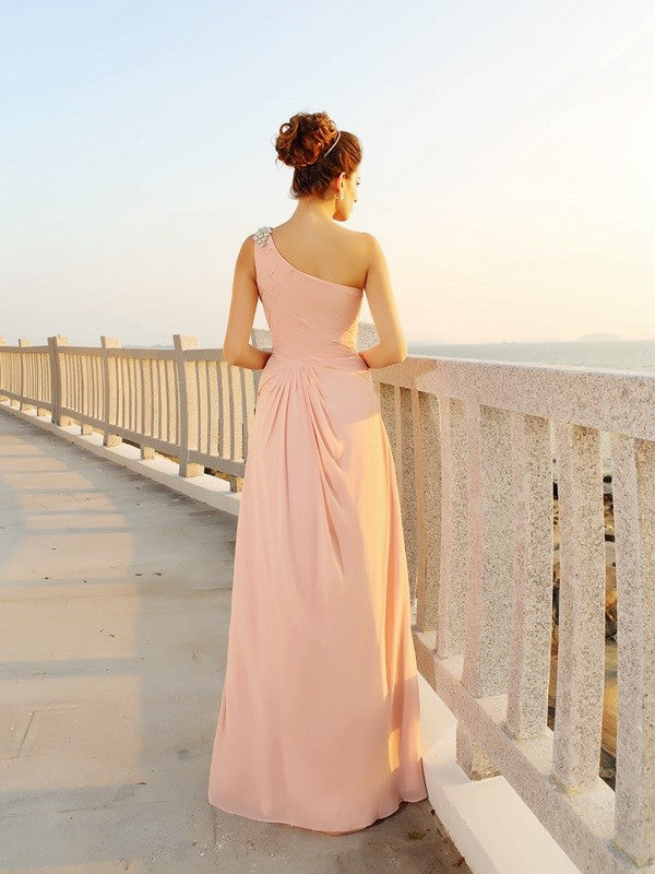 One-Shoulder Beading Sleeveless Long Chiffon Dresses