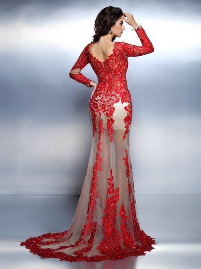 V-neck Applique Long Sleeves Long Lace Dresses