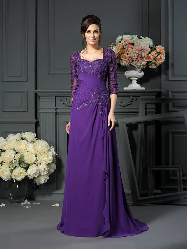 A-Line Princess Sweetheart Applique Sleeves Long Chiffon Mother of the Bride Dresses