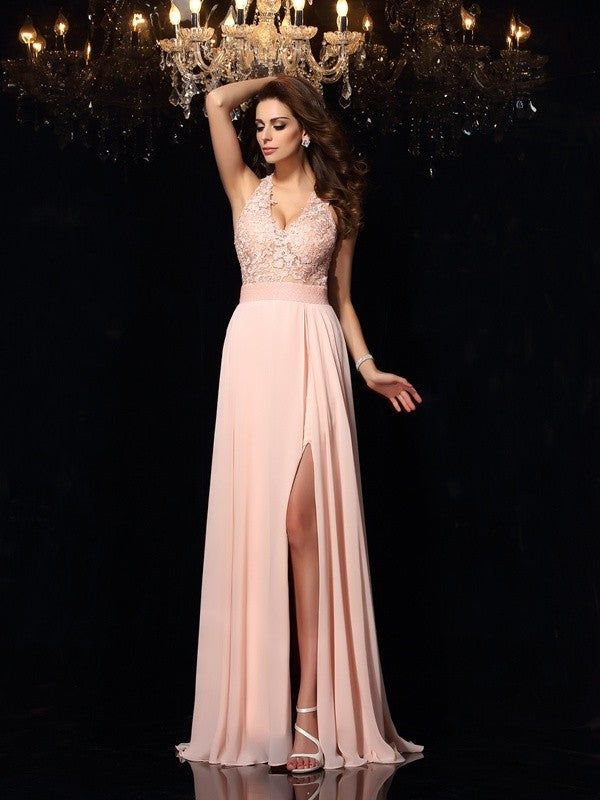 Halter Lace Sleeveless Long Chiffon Dresses