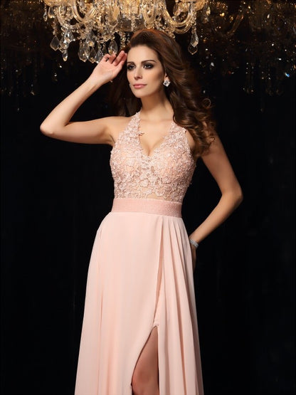 Halter Lace Sleeveless Long Chiffon Dresses