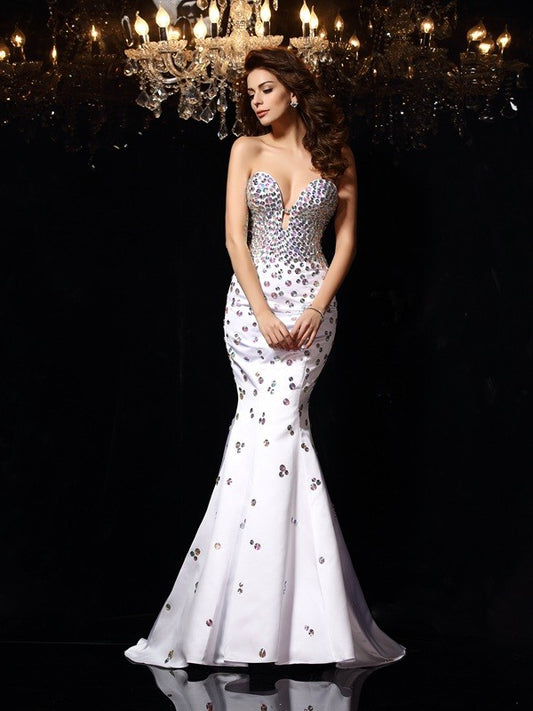 Sweetheart Rhinestone Sleeveless Long Satin Dresses