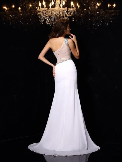 One-Shoulder Beading Sleeveless Long Chiffon Dresses