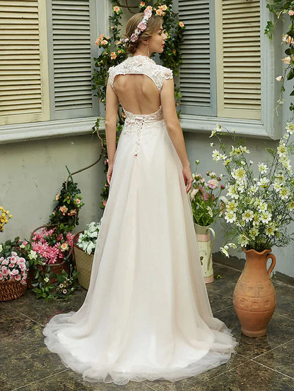 A-Line Wedding Dresses High Neck Sweep Brush Train Tulle Short Sleeve Open Back with Bowknot Sash Ribbon Beading