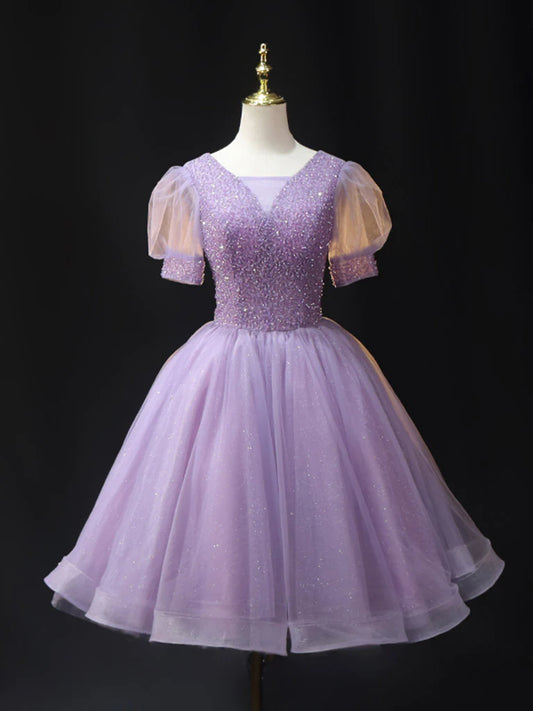 Purple V Neck Tulle Beading Sequin Short Homecoming Dresses