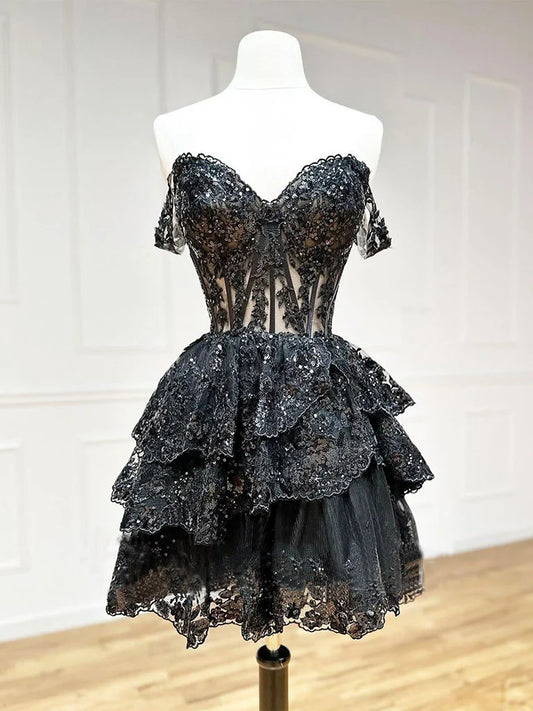 A-Line Tulle Sequin Black Short Homecoming Dresses