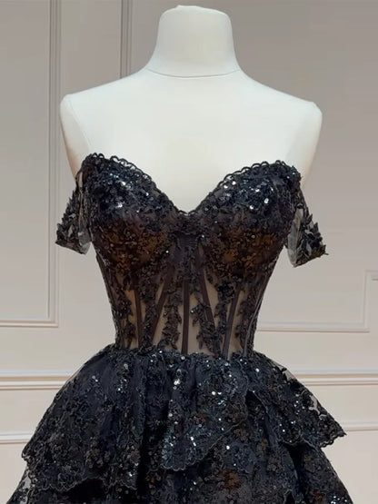 A-Line Tulle Sequin Black Short Homecoming Dresses