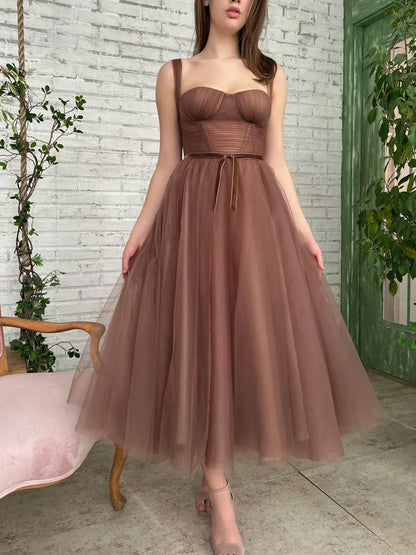 Simple Aline Tea Length Brown Prom Evening Dresses