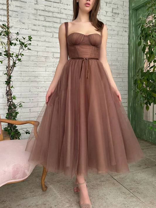 Simple Aline Tea Length Brown Prom Evening Dresses