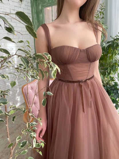 Simple Aline Tea Length Brown Prom Evening Dresses