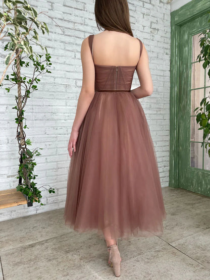 Simple Aline Tea Length Brown Prom Evening Dresses