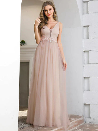 A-Line Plunging Neck Floor Length Tulle Bridesmaid Dress