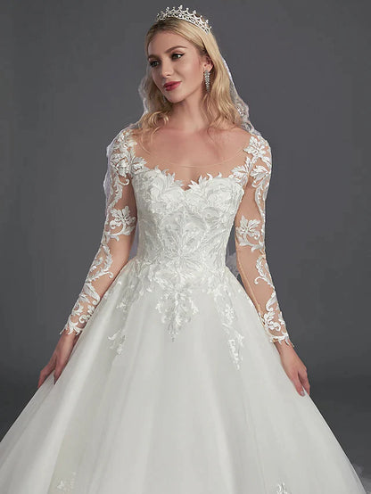 Ball Gown Wedding Dresses Illusion Neck Chapel Train Lace Tulle Long Sleeve Glamorous See-Through Illusion Detail with Buttons Appliques