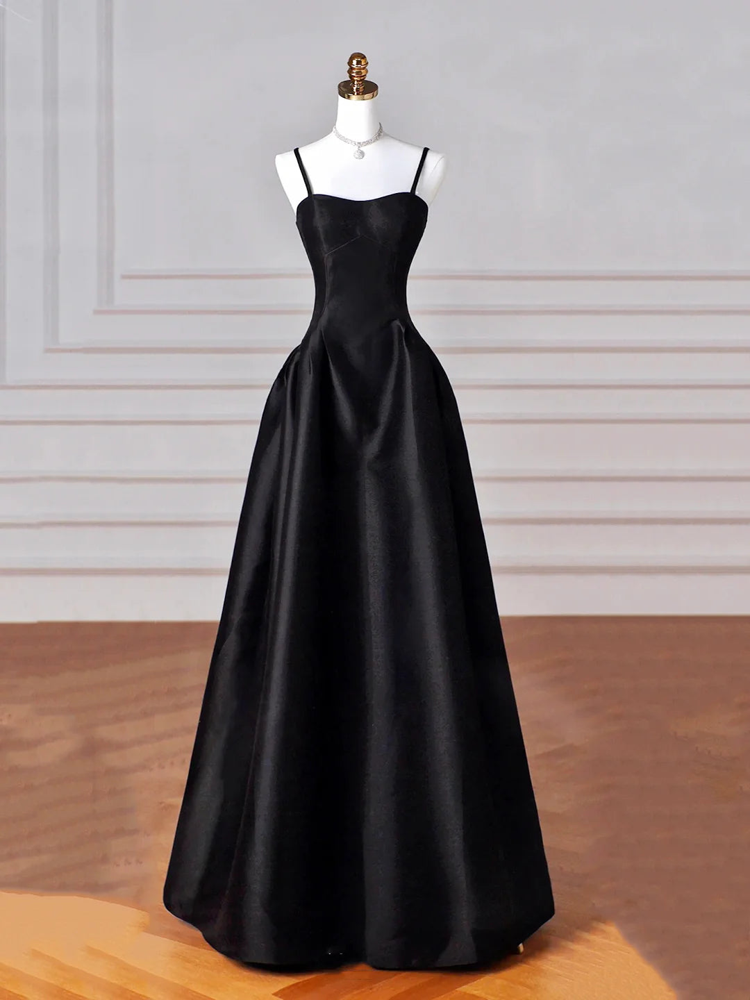 Black Spaghetti Strap Satin Long Prom Dress