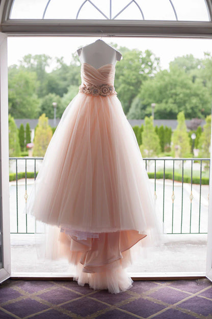 Champagne sweetheart tulle long wedding dress