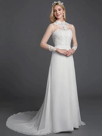 A-Line Wedding Dresses High Neck Court Train Chiffon Lace Long Sleeve Vintage Plus Size Backless with Lace Buttons