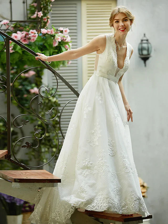 A-Line Wedding Dresses Plunging Neck Lace Over Tulle Sleeveless See-Through Beautiful Back Illusion Detail with Sash Ribbon Appliques