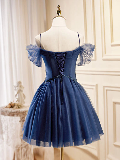 Dark Blue V Neck Tulle Short Homecoming Dresses