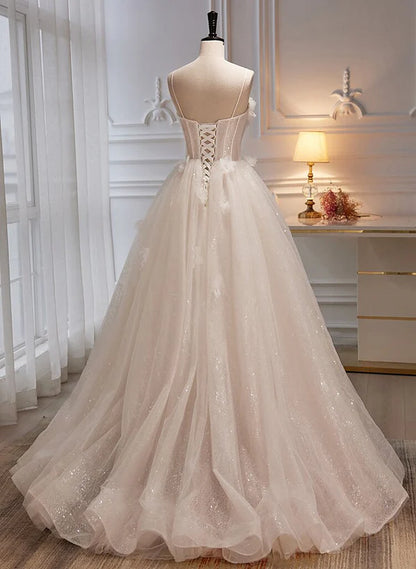 Ivory Tulle with Flowers Sweetheart A-line Long Prom Dress