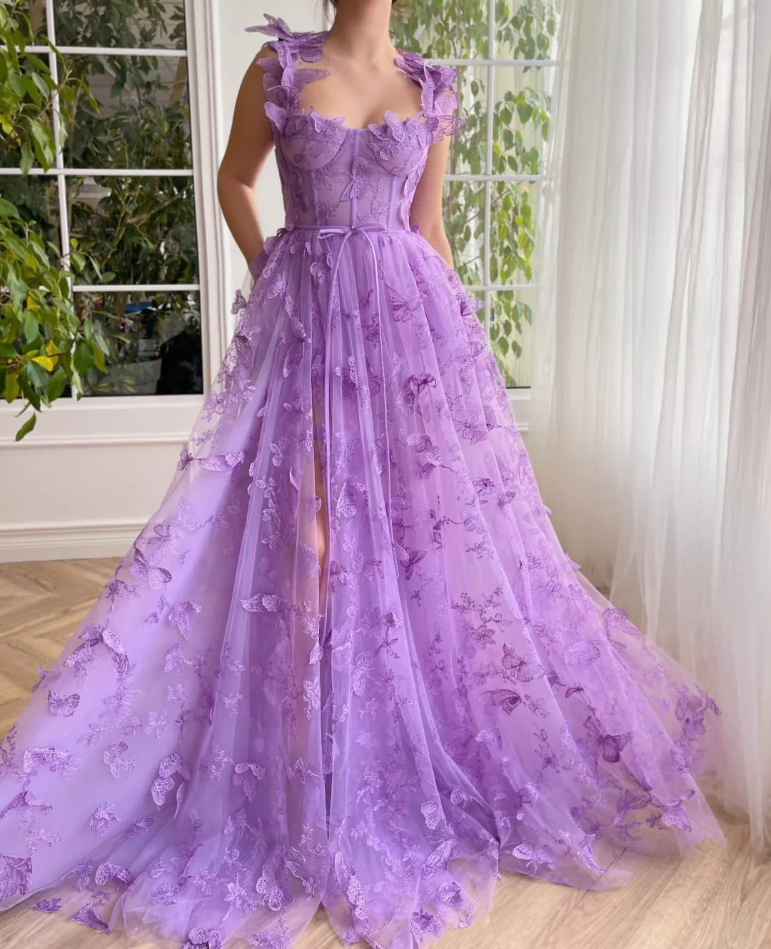 Long Tulle Prom Dress with 3D Butterflies Sexy Slit Ball Gown Evening Dresses Party Wedding Formal 2024