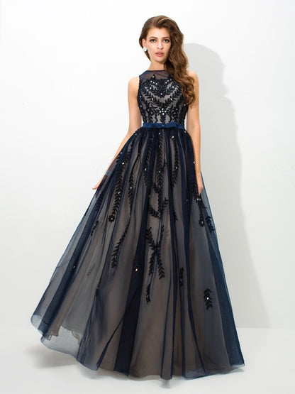 Sheer Neck Applique Sleeveless Long Tulle Dresses