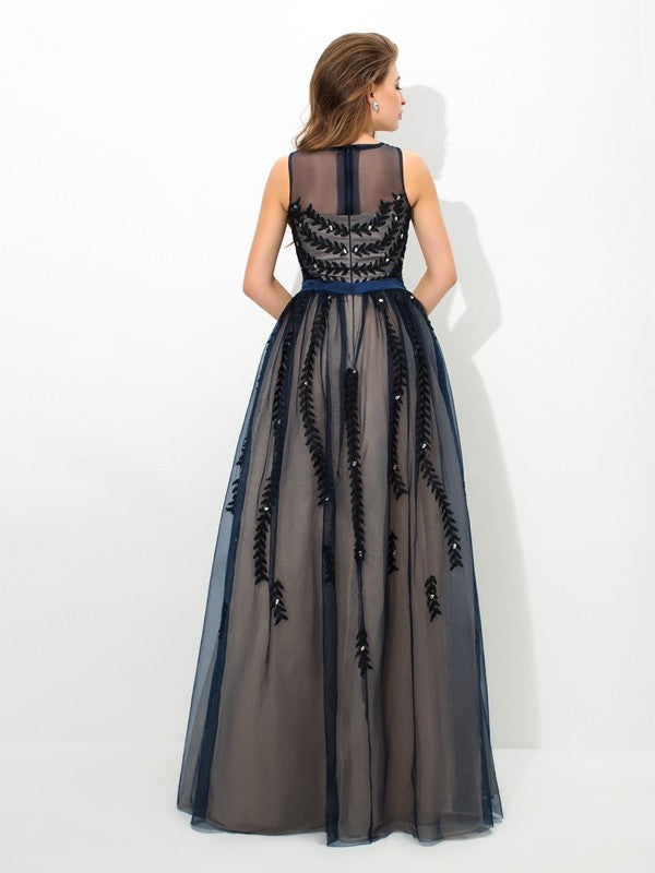 Sheer Neck Applique Sleeveless Long Tulle Dresses