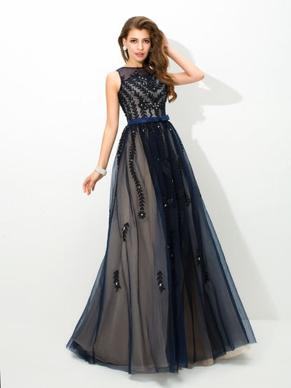 Sheer Neck Applique Sleeveless Long Tulle Dresses