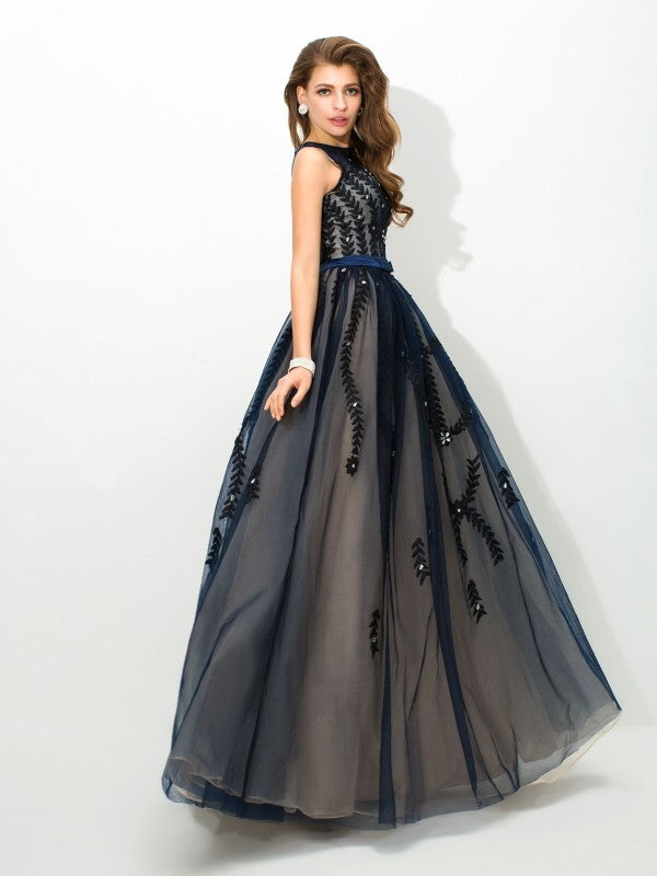 Sheer Neck Applique Sleeveless Long Tulle Dresses