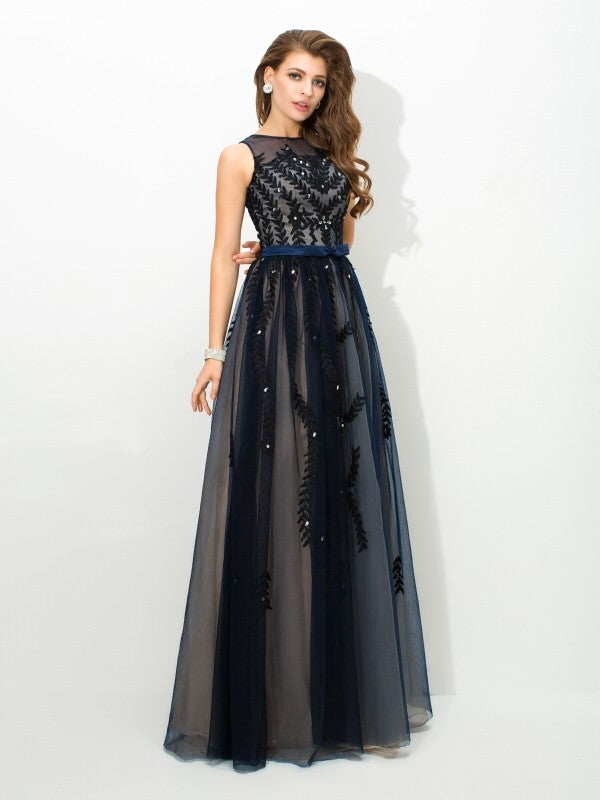 Sheer Neck Applique Sleeveless Long Tulle Dresses