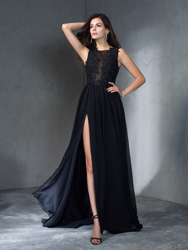 Scoop Applique Sleeveless Long Chiffon Dresses