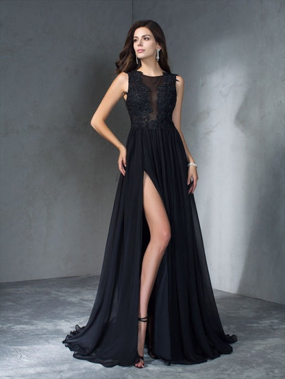 Scoop Applique Sleeveless Long Chiffon Dresses