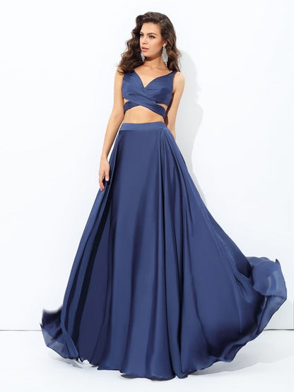 Straps Sleeveless Long Satin Chiffon Two Piece Dresses