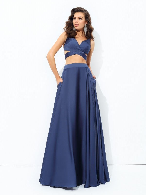 Straps Sleeveless Long Satin Chiffon Two Piece Dresses